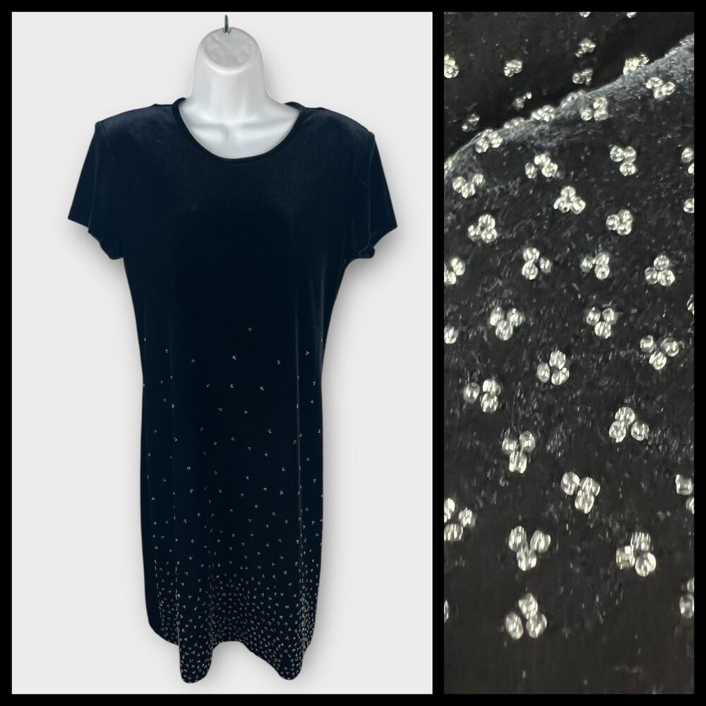 Vintage Black Beaded Velvet Dress Size 6 Short Sleeve Sheath Evening Dress‎